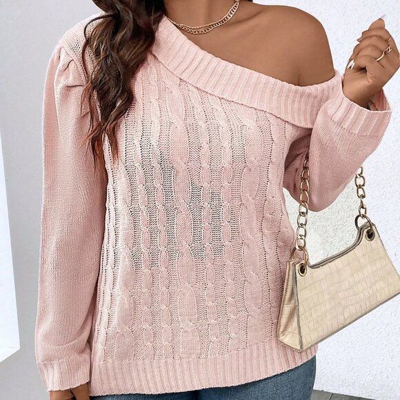 Asymmetrical Neck Cable Knit Sweater Pink - Picture 1 of 4
